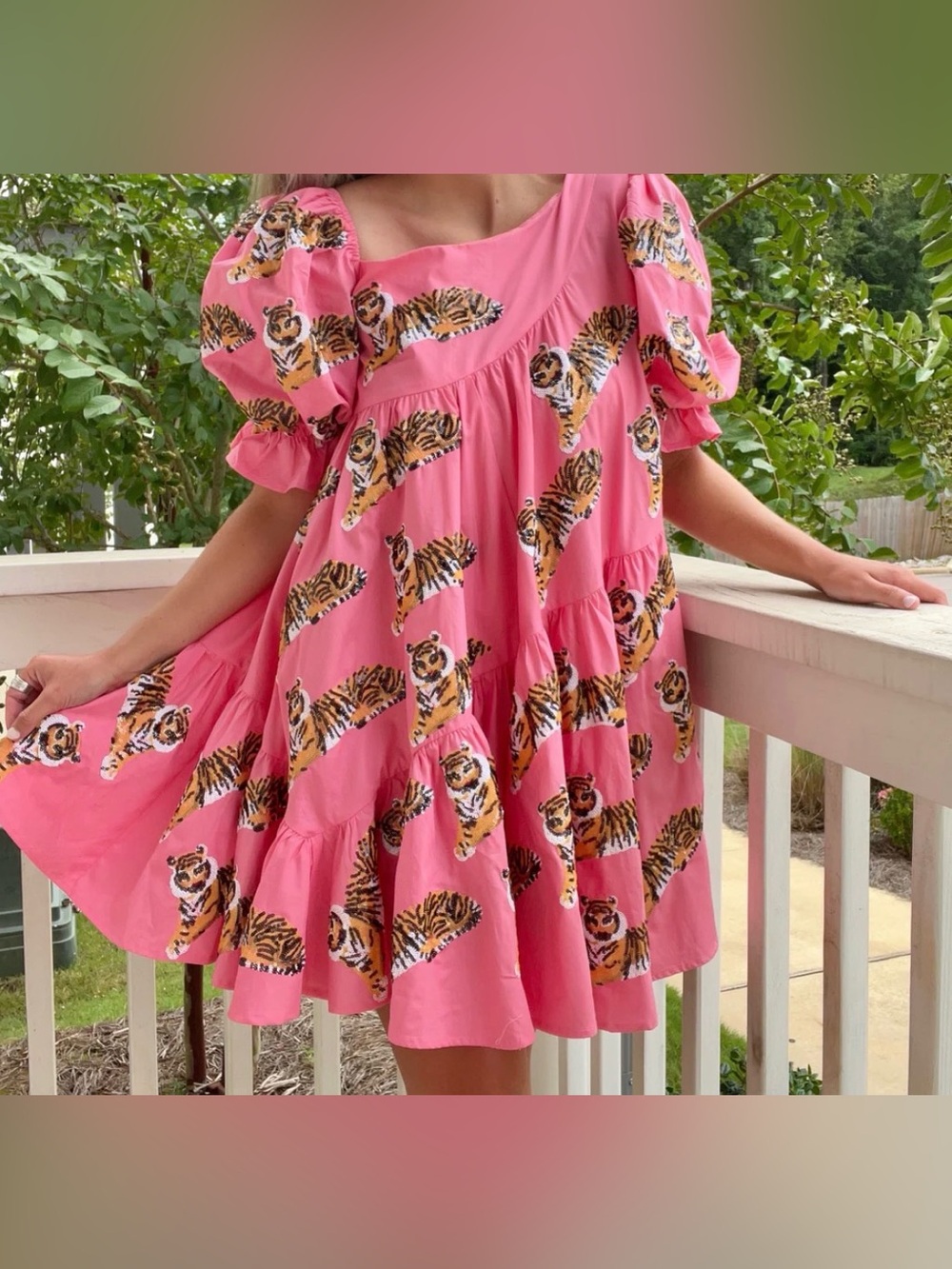 New! QUEEN OF SPARKLES Pink Sequin Tiger Print Asymmetrical Poof Sleeve Dress - Picture 6 of 12